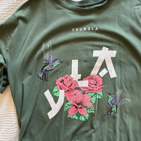 YoungLA Olive Green Tee with Pink Floral & Green Hummingbirds - Picture 2 of 4